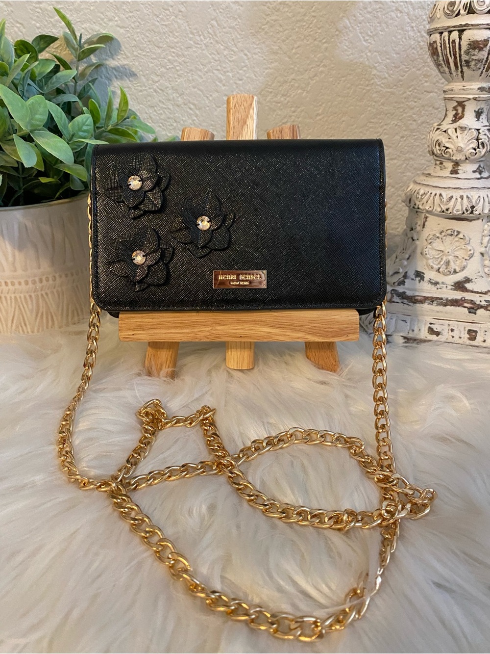 henri bendel Black Floral Appliqué Wallet / Crossbody with Gold Chain